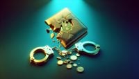 Broken crypto wallet with handcuffs, representing crypto heist arrests