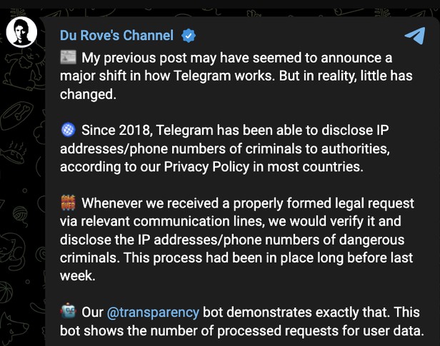 Telegram has shared IP addresses, phone numbers with authorities for criminal investigations since 2018, confirms CEO