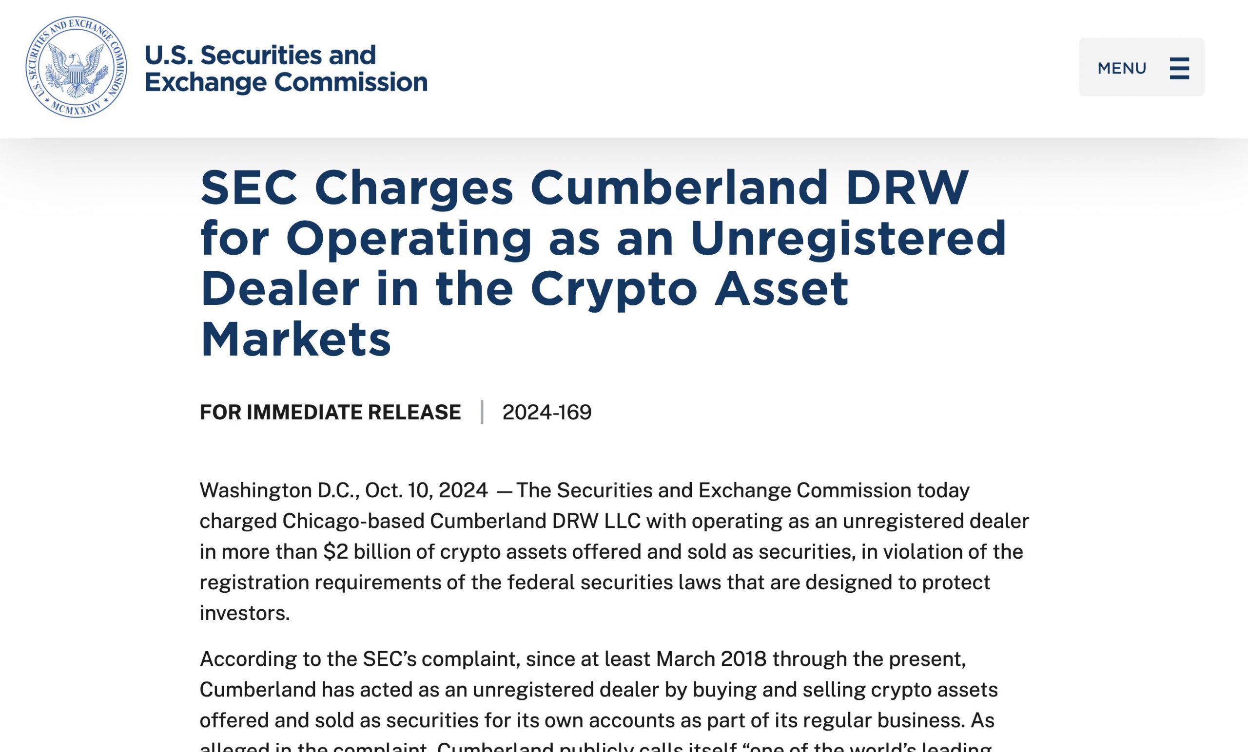 SEC charges Cumberland DRW for operating as unregistered crypto dealer