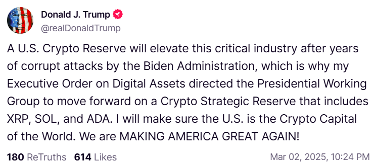 President Trump to include XRP, SOL, and ADA in US crypto reserve