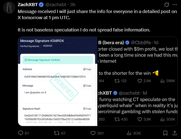 Hyperliquid whale denies cybercrime claims, ZachXBT to release evidence
