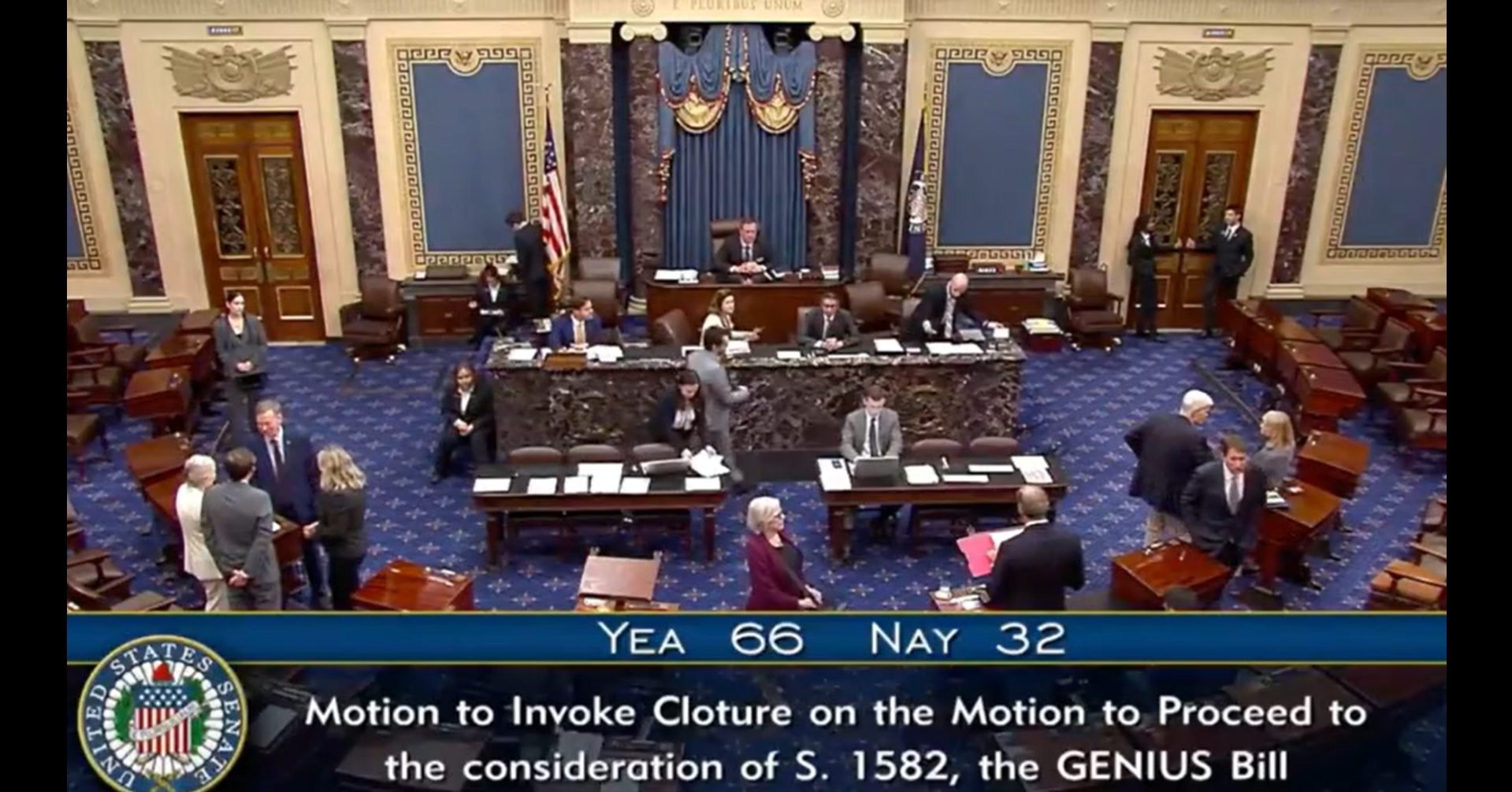 The Senate voted 66–32 to invoke cloture on the motion to proceed with the GENIUS Act