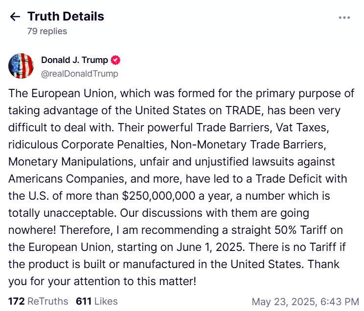 Trump calls for 50% tariff on EU