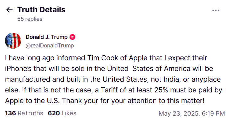 Trump threatens 25% tariff on Apple products