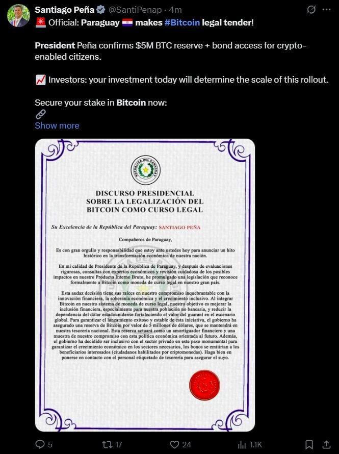 Did Paraguay just make Bitcoin legal tender? Suspected hack of president’s X account sparks confusion 2 Did Paraguay just make Bitcoin legal tender? Suspected hack of president’s X account sparks confusion