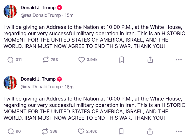 Trump plans to address the nation at 10 PM tonight.