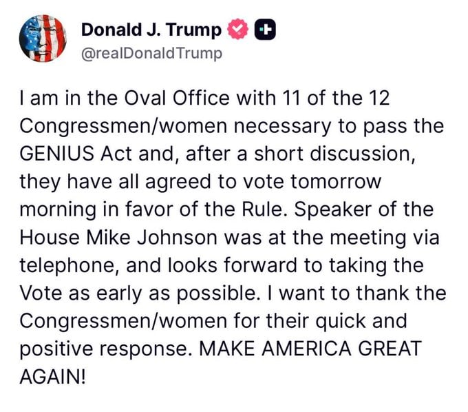 Trump says key Congress members have agreed to advance GENIUS Act
