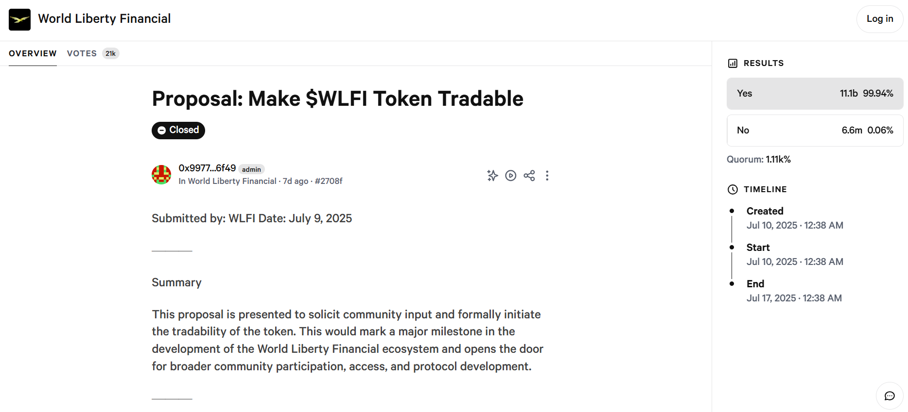 World Liberty Financial's WLFI token becomes tradeable following near-unanimous approval 3 World Liberty Financial's WLFI token becomes tradeable following near-unanimous approval