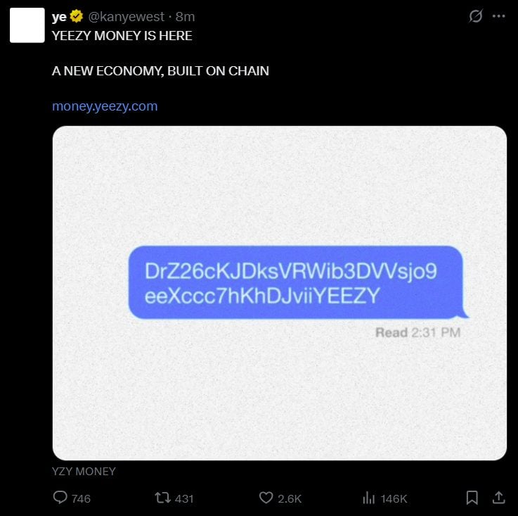Kanye West drops YZY meme coin on Solana