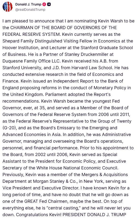 Trump announces nomination of Kevin Warsh as Fed chairman