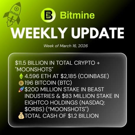 Bitmine Immersion Technologies (BMNR) announces ETH holdings reach 4.596 million tokens, and total crypto and total cash holdings of $11.5 billion