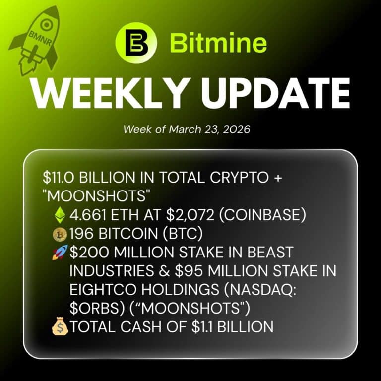 Bitmine Immersion Technologies (BMNR) announces ETH holdings reach 4.661 million tokens, and total crypto and total cash holdings of $11.0 billion