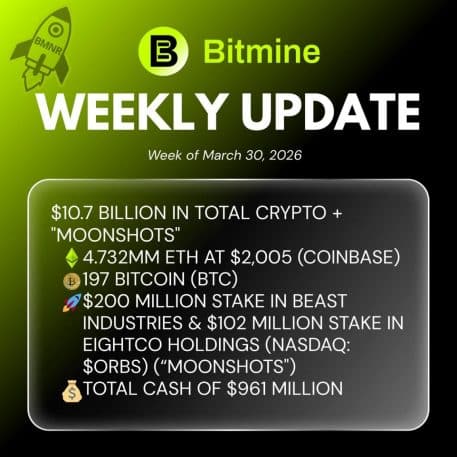 Bitmine Immersion Technologies (BMNR) announces ETH holdings reach 4.732 million tokens, and total crypto and total cash holdings of $10.7 billion