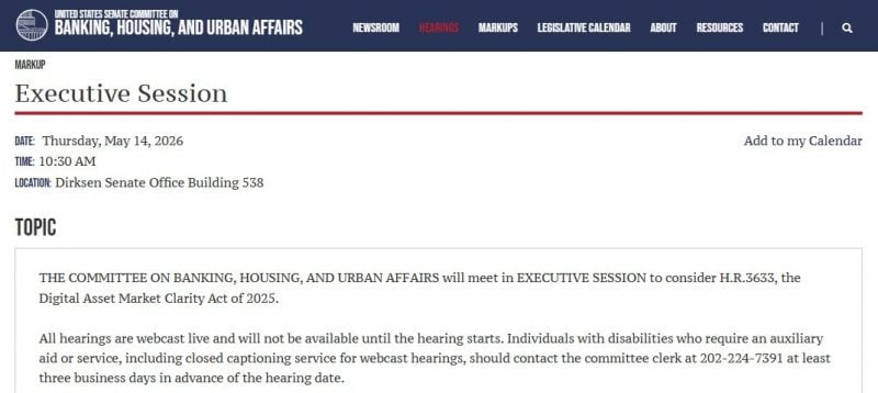 Senate Banking Committee schedules markup for crypto legislation on May 14