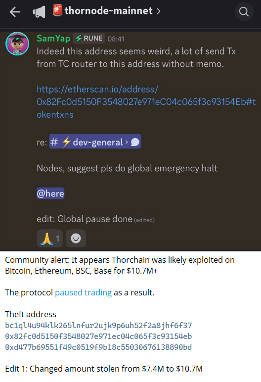 THORChain loses $11 million in suspected exploit as RUNE tumbles 13%