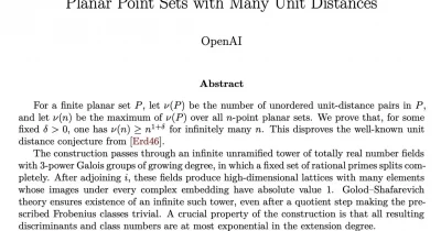OpenAI model solves 80-year-old planar unit distance problem posed by legendary mathematician Erdős