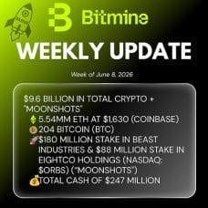 Bitmine Immersion Technologies (BMNR) announces ETH holdings reach 5.54 million tokens, and total crypto and total cash holdings of $9.6 billion