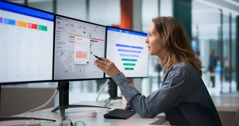 Person analyzing marketing dashboards on multiple monitors