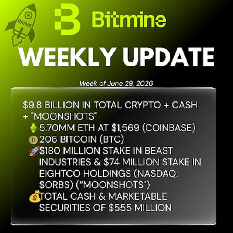 Bitmine Immersion Technologies (BMNR) announces ETH holdings reach 5.70 million tokens, and total crypto and total cash holdings of $9.8 billion