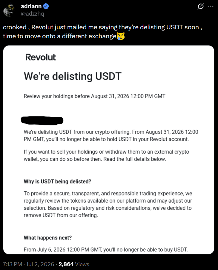 Revolut to end support for Tether's USDT by August 31