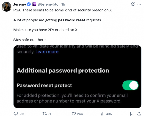 X users report password reset emails
