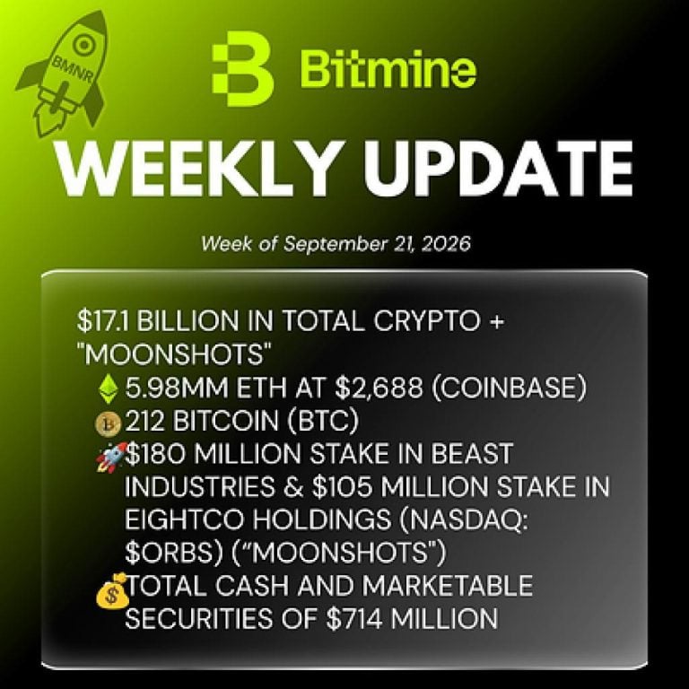 Bitmine Immersion Technologies (BMNR) announces ETH holdings reach 5.98 million tokens, and total crypto and total cash holdings of $17.1 billion