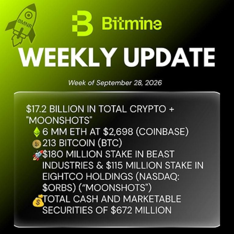 Bitmine Immersion Technologies (BMNR) announces ETH holdings reach over 6 million tokens with total crypto, cash & marketable securities holdings of $17.2 billion