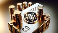 El logo de Pantera Capital se encuentra sobre una pila de monedas de oro brillantes y barras de plata