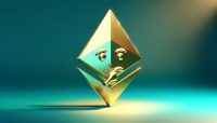 Logo de Ethereum dorado con mirada escéptica.