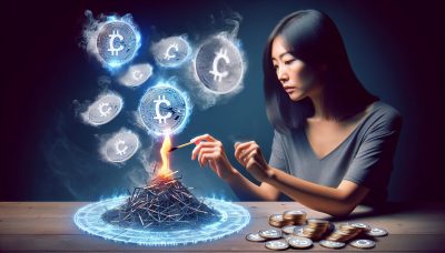 Ilustración de tokens cripto CEL ardiendo desde un fósforo encendido