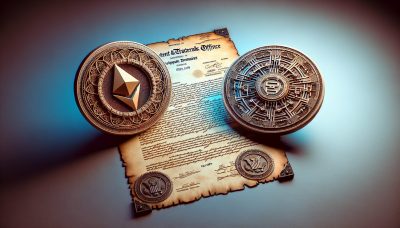 Los logos de Ethereum Name Service y Unstoppable Domains enfrentados con un documento de patente y sello de USPTO entre ellos