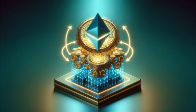 Un cubo azul se transforma en un mecanismo de engranaje complejo que representa las actualizaciones de cuenta Ethereum