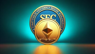 Moneda de Ethereum dorada con logo de la SEC, ETFs de Ethereum