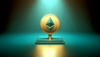 Símbolo dorado del ETF de Ethereum sobre fondo color teal.