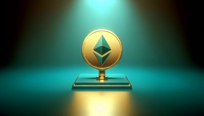 Símbolo dorado del ETF de Ethereum sobre fondo color teal.