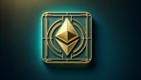 Logo Ethereum dorado sobre degradado turquesa.