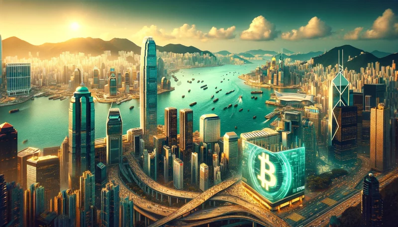 paisaje urbano futurista de Hong Kong destacando Bitcoin