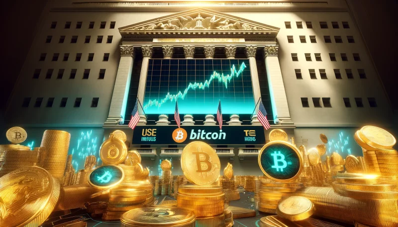 Símbolo de Bitcoin ETF dorado con ingresos récord.