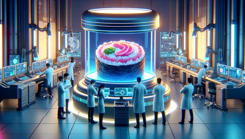 desarrolladores en un laboratorio examinando un sushi gigante