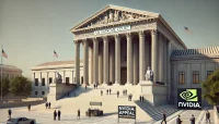escena hiperrealista frente a la Corte Suprema de EEUU con el logo de Nvidia