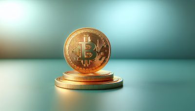 Símbolo de Bitcoin dorado con degradado en verde azulado.