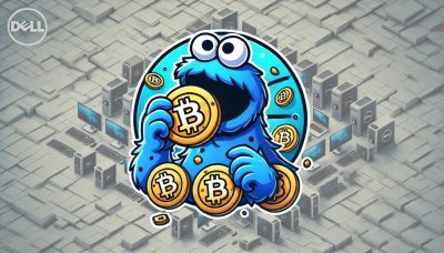 Cookie Monster comiendo bitcoin, imaginería de Dell de fondo