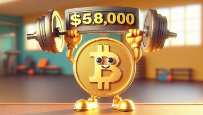 Moneda de Bitcoin dorada sobre gráfico mostrando el umbral de $58,000 del precio de Bitcoin