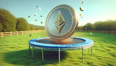 Logo de Ethereum y gráficos de mercado representando el lanzamiento de los ETFs de Ethereum