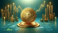 Moneda Bitcoin dorada con gráficos digitales mostrando ingresos de activos digitales