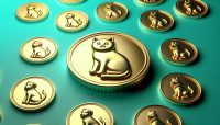 Moneda de gato dorado rodeada por monedas cripto temáticas de memes, ilustrando la tendencia de superioridad de las monedas meme