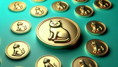 Moneda de gato dorado rodeada por monedas cripto temáticas de memes, ilustrando la tendencia de superioridad de las monedas meme