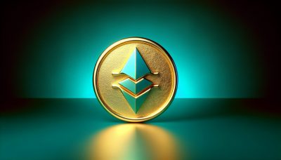 Símbolo de ETF de Ether dorado sobre degradado azul verde.