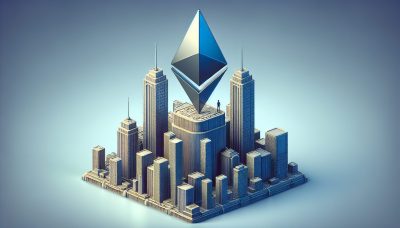 Logo de Ethereum con gráfico ascendente y edificios institucionales, representando la actividad institucional de ETH