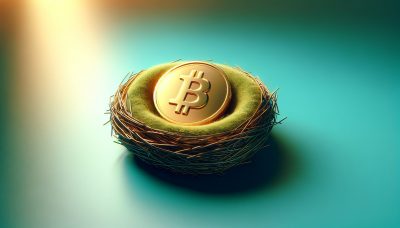 Moneda Bitcoin dorada en nido de jubilación, representando la inversión de Michigan en Bitcoin